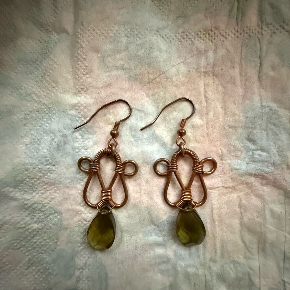 Handcrafted Copper Wire Drop Earrings with Olive Green Teardrop Gem